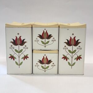 Vintage Ransburg Metal Canister Set of 4 White w Floral Design MCM Kitchen USA